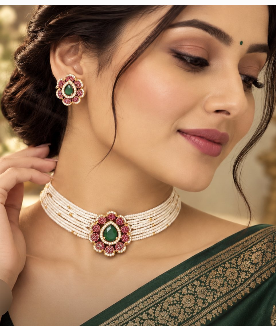 Gold Emerald Floral Pearl Necklace Set