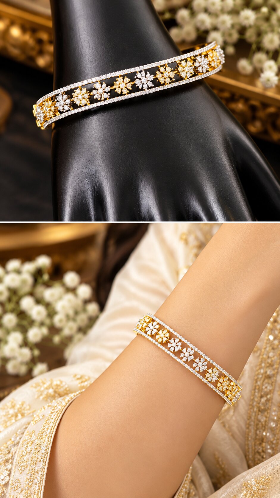 Floral AD White stone High Gold Polish Designer Kada