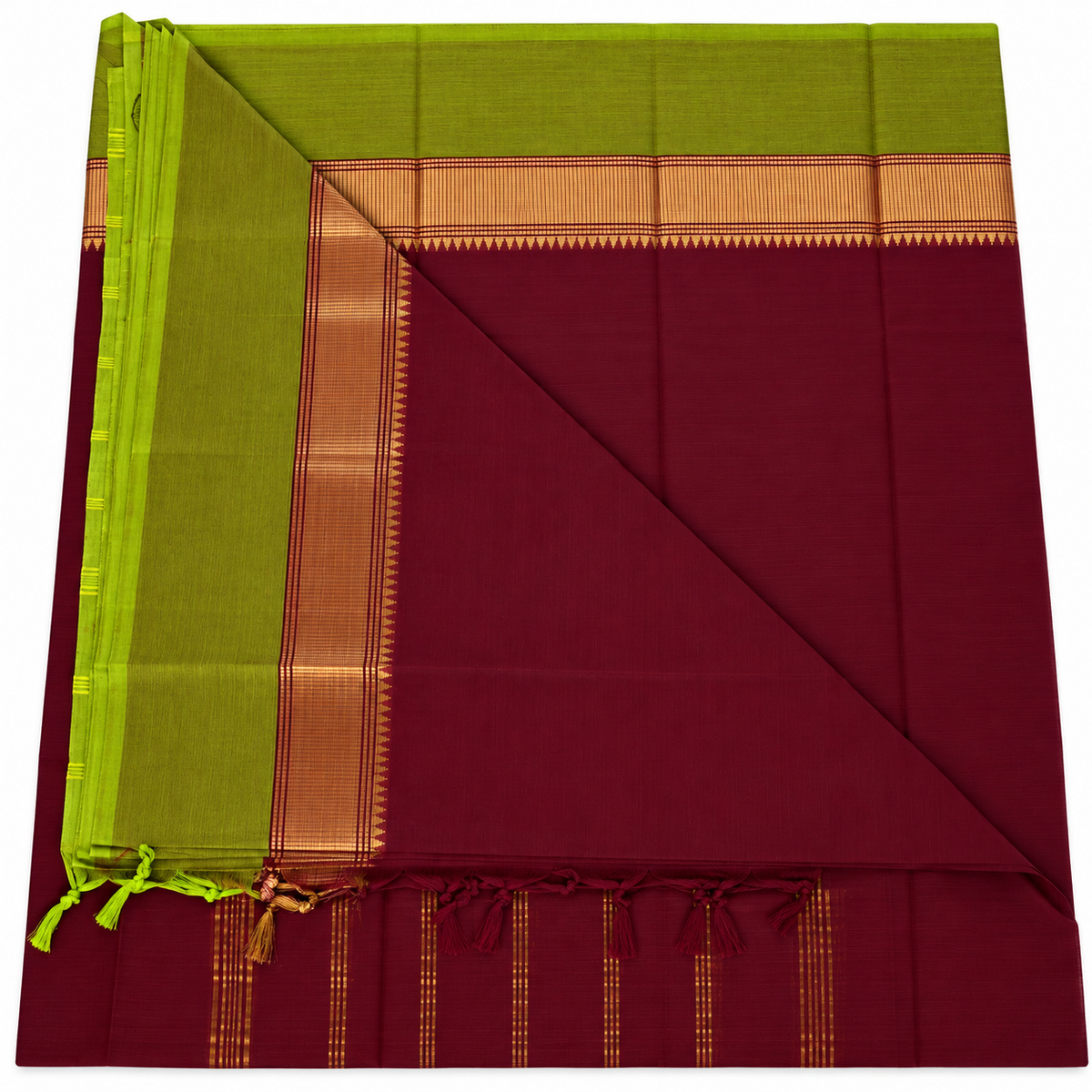 Kanchi Cotton Saree - Deep Maroon & Olive Green