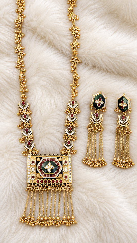 Ethnic Long Designer Pendant Set – Lotus Motif