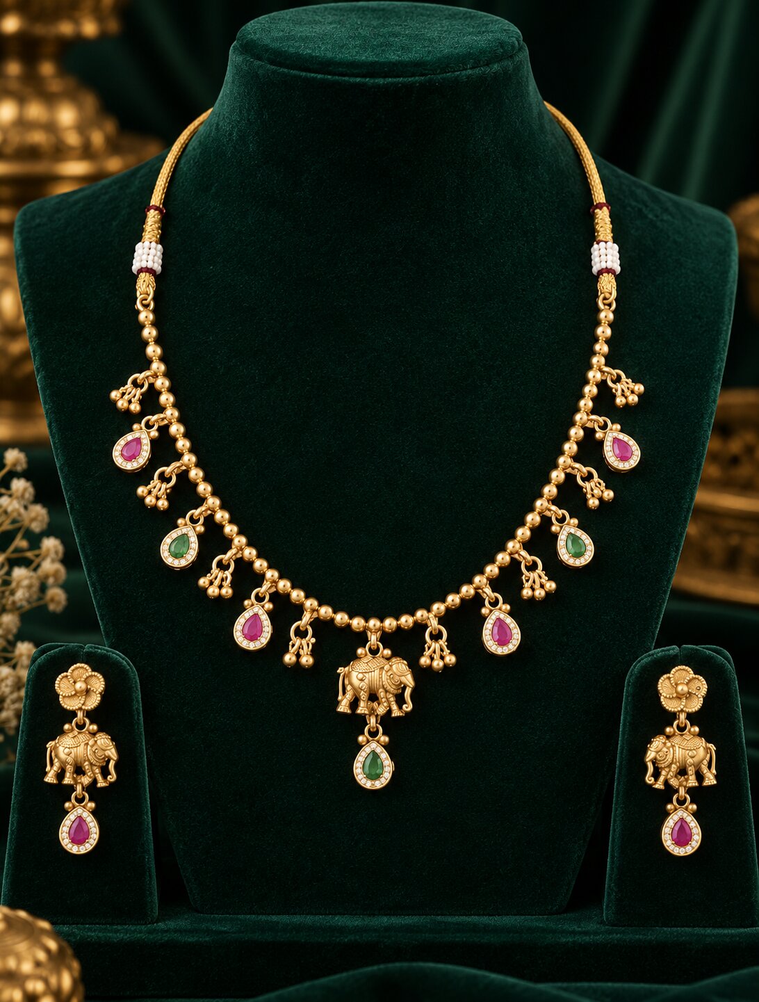 Traditional Antique Elephant Pendant Necklace Set