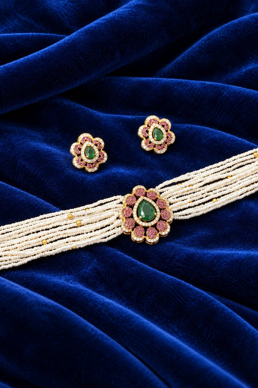 Gold Emerald Floral Pearl Necklace Set