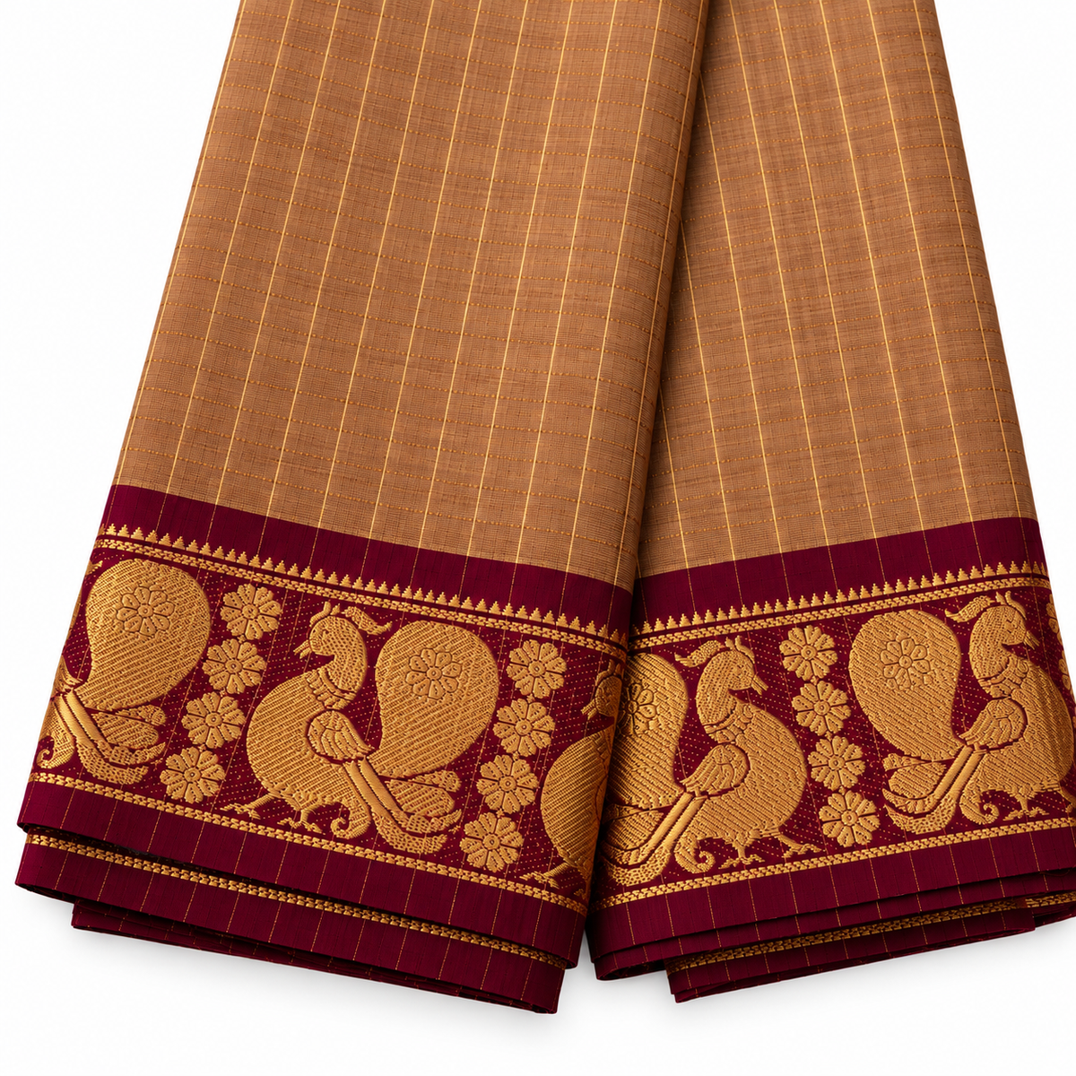Kanchi Cotton - Light Brown and Maroon Border