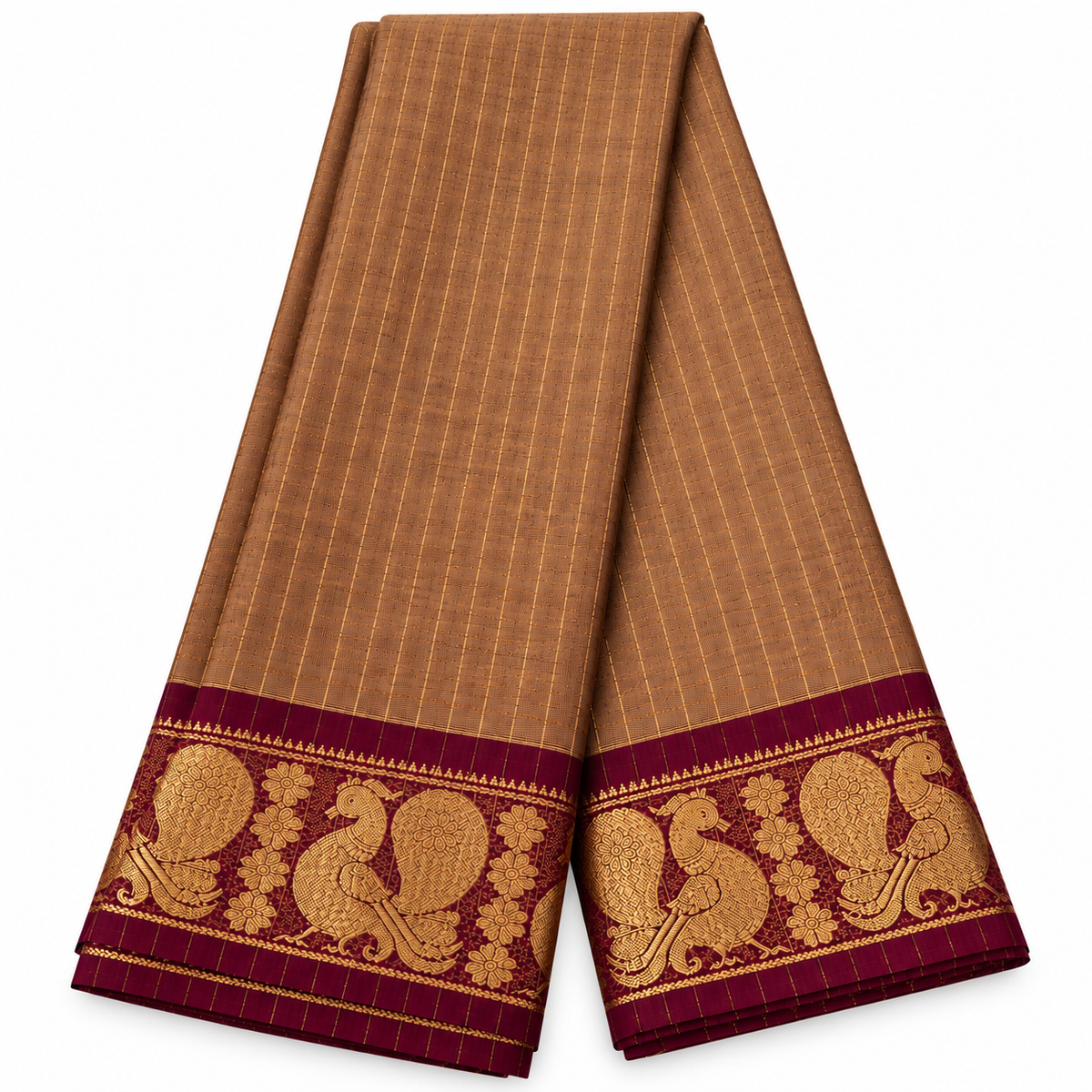Kanchi Cotton - Light Brown and Maroon Border