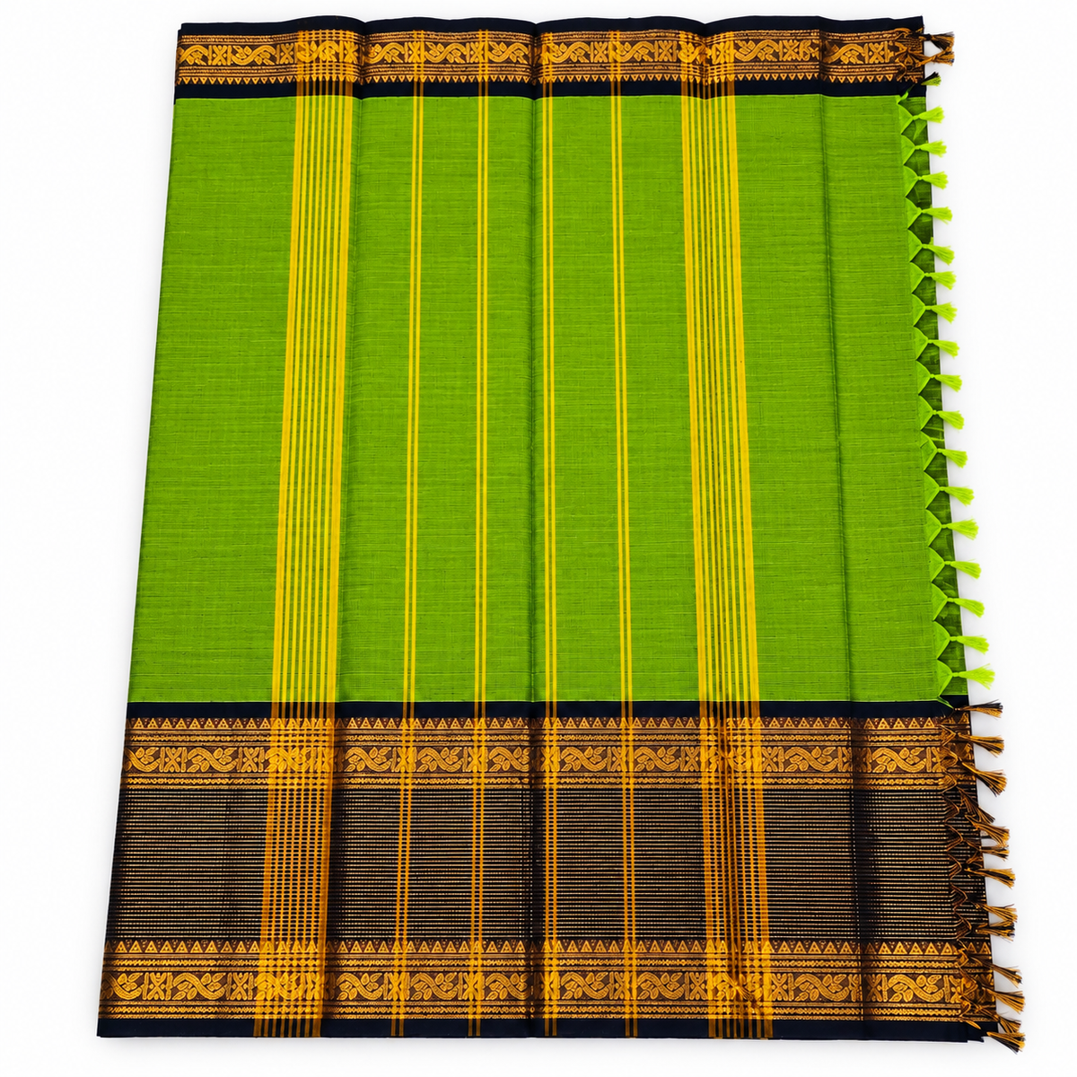 Kanchi Cotton Saree - Light Green and Black Long Border