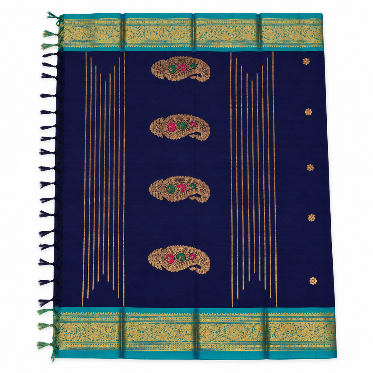 Kanchi Cotton Saree - Navy Blue & Sea Green Border