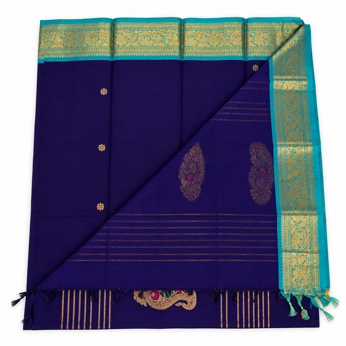 Kanchi Cotton Saree - Navy Blue & Sea Green Border