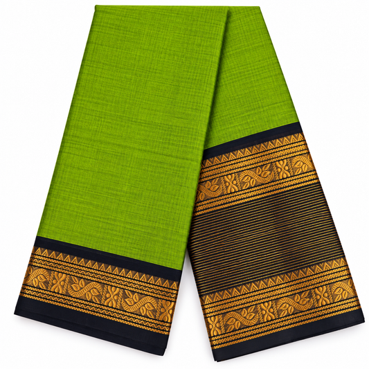 Kanchi Cotton Saree - Light Green and Black Long Border