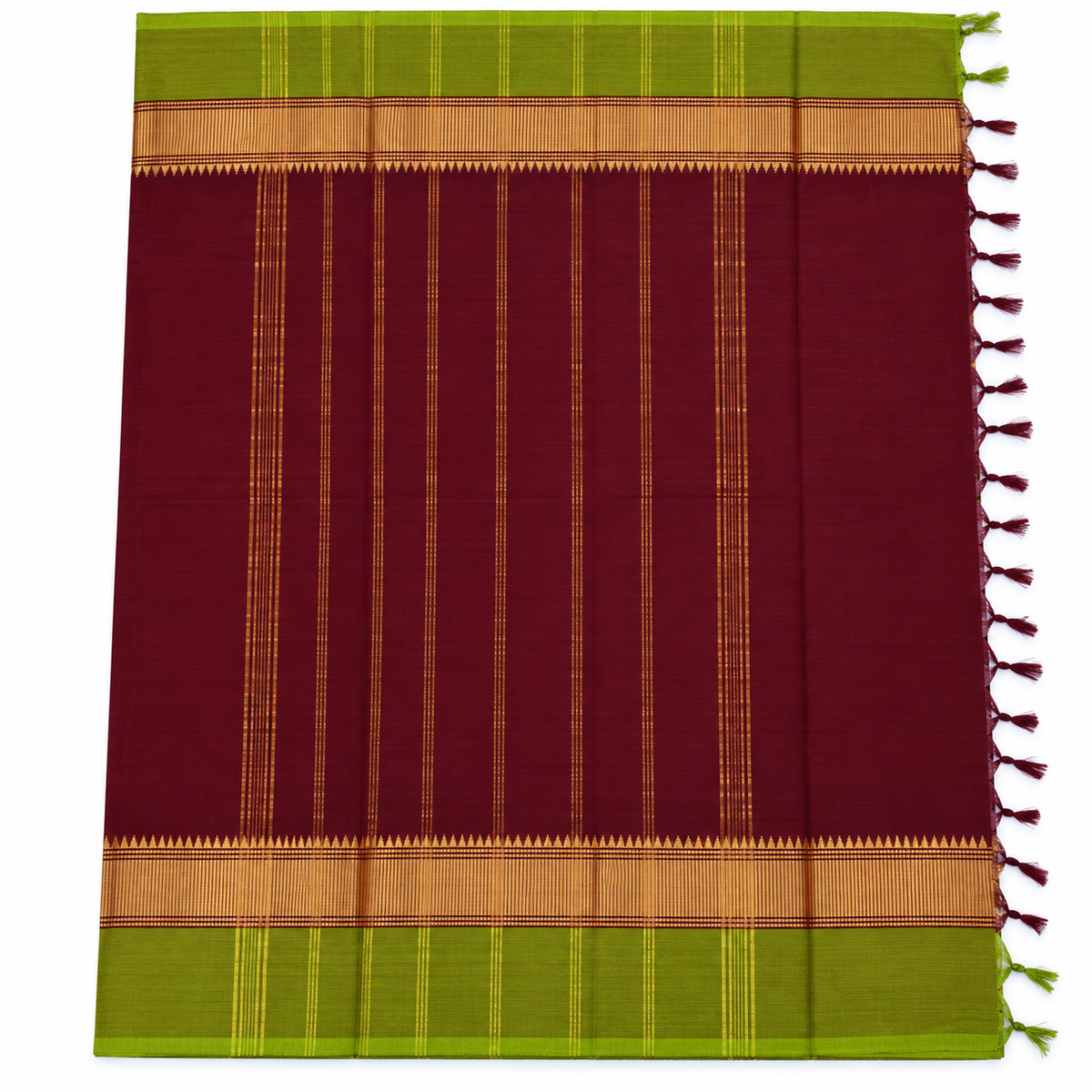 Kanchi Cotton Saree - Deep Maroon & Olive Green