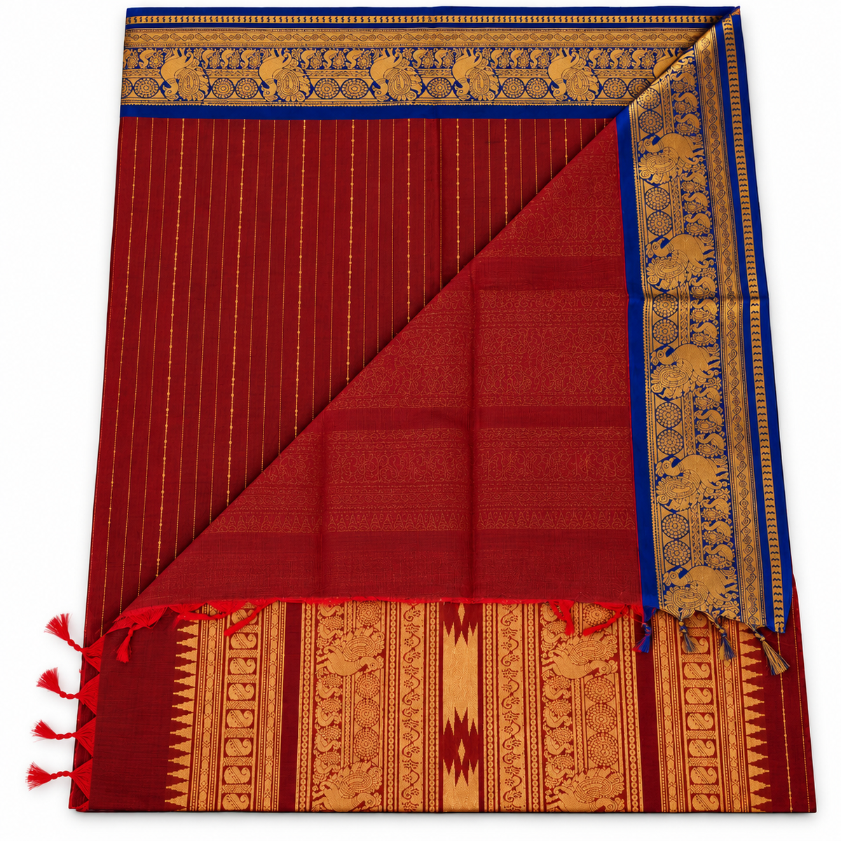 Kanchi Cotton - Red and Navy Blue Border - Long Zari stipes Peacock Motif