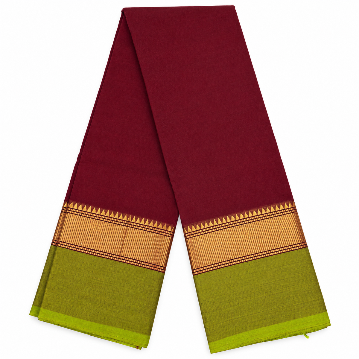 Kanchi Cotton Saree - Deep Maroon & Olive Green