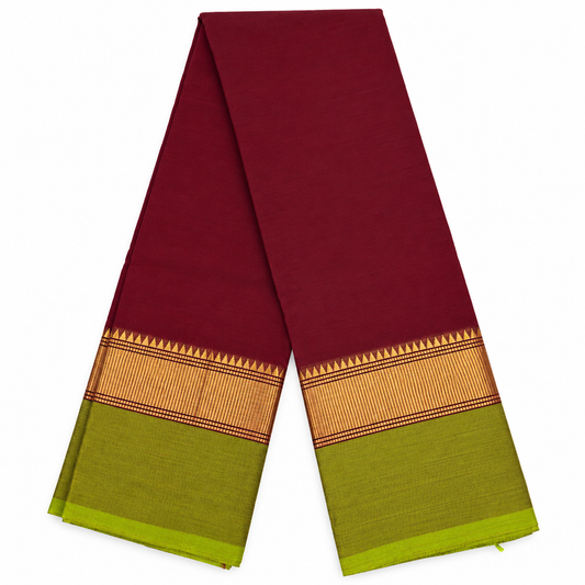 Kanchi Cotton Saree - Deep Maroon & Olive Green
