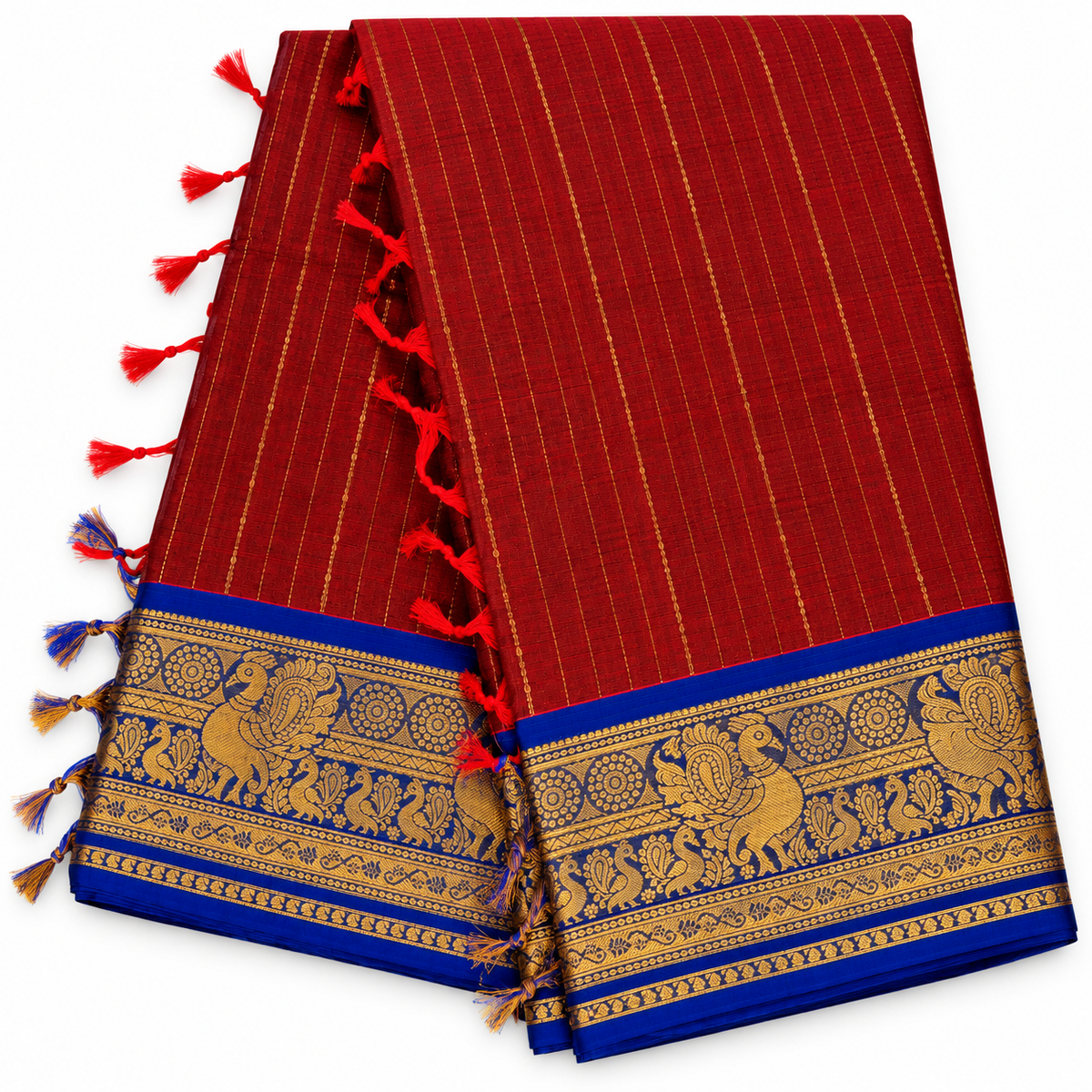 Kanchi Cotton - Red and Navy Blue Border - Long Zari stipes Peacock Motif