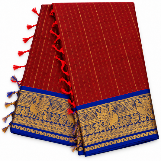 Kanchi Cotton - Red and Navy Blue Border - Long Zari stipes Peacock Motif