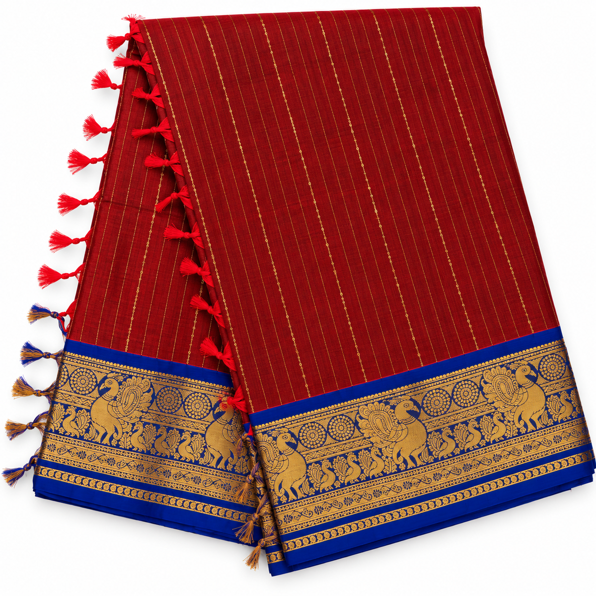 Kanchi Cotton - Red and Navy Blue Border - Long Zari stipes Peacock Motif