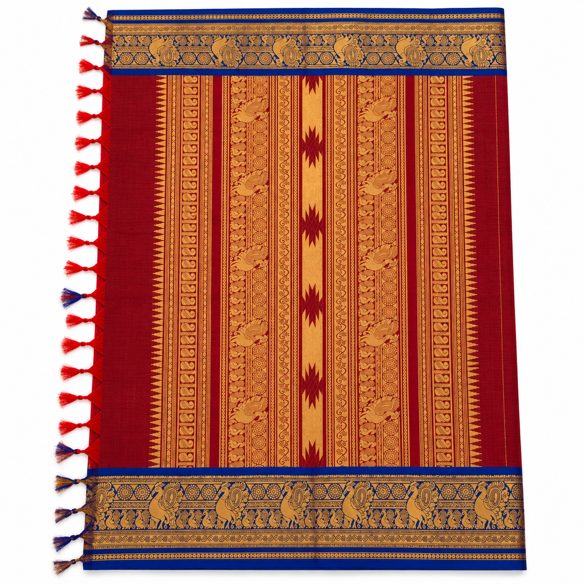 Kanchi Cotton - Red and Navy Blue Border - Long Zari stipes Peacock Motif