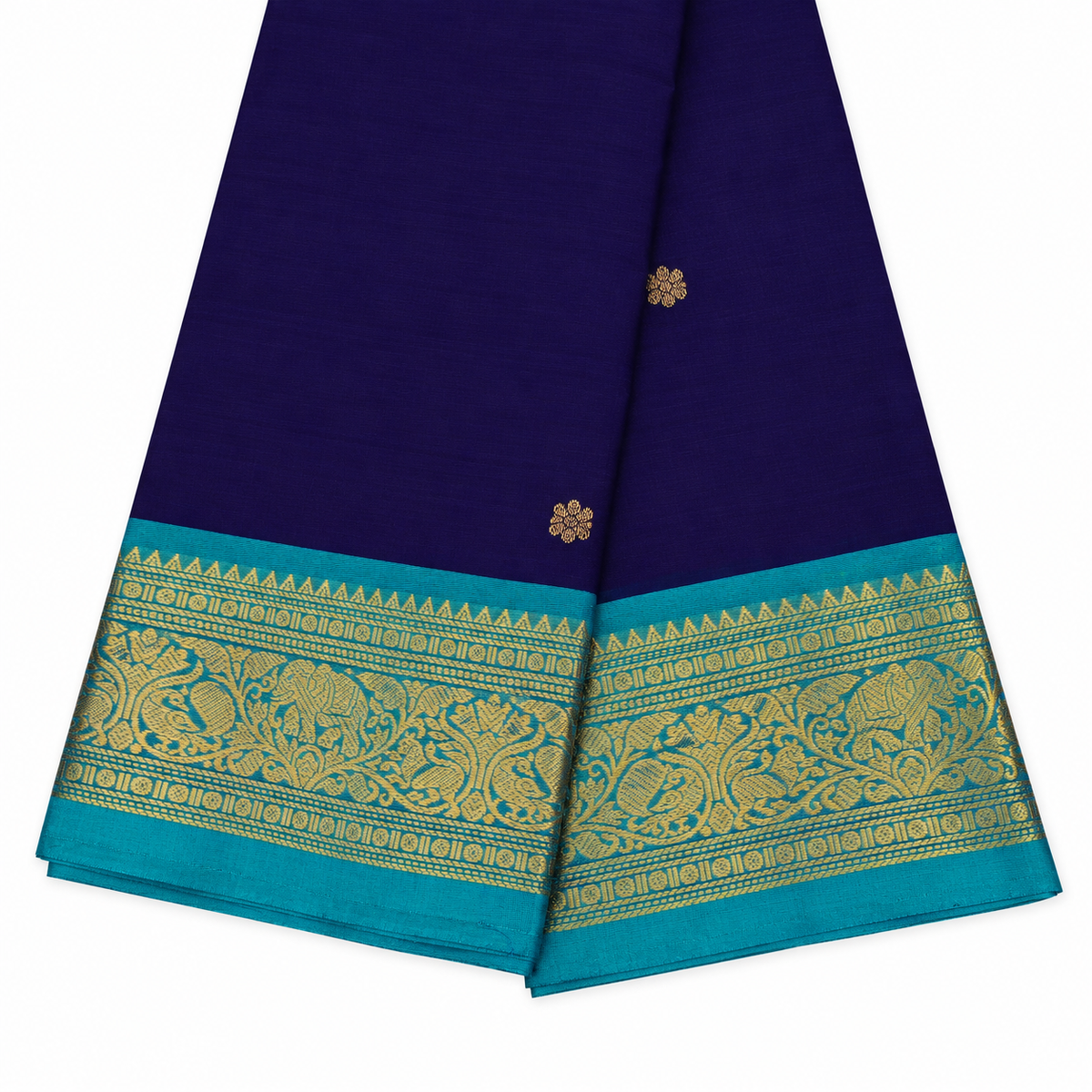 Kanchi Cotton Saree - Navy Blue & Sea Green Border