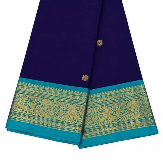 Kanchi Cotton Saree - Navy Blue & Sea Green Border