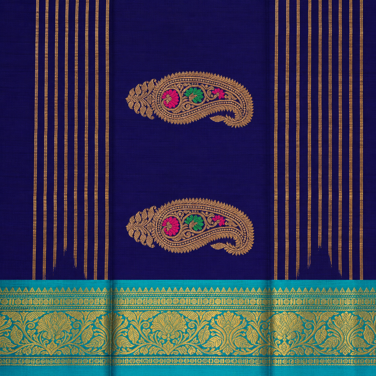 Kanchi Cotton Saree - Navy Blue & Sea Green Border