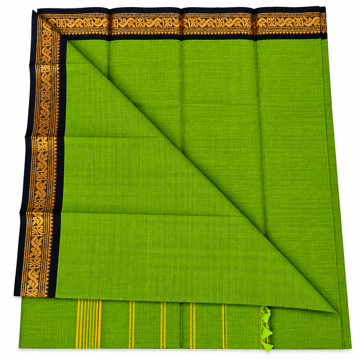 Kanchi Cotton Saree - Light Green and Black Long Border